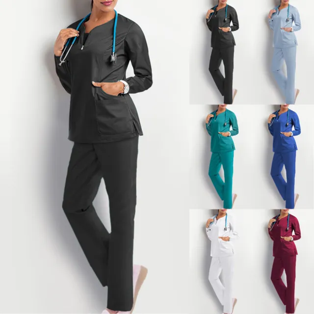 Women Medical Scrubs Doctor Uniform Top Trouser Set Nurse Dentist Hospital Suits