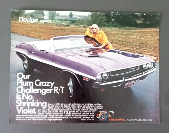 1970 Dodge Challenger R/T convertible Rare ad Plum Crazy Scat Pack auto Ad Print