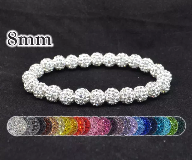 8mm Pave Crystal Disco Ball Rhinestone Bead Adjustable Stretch Bracelet