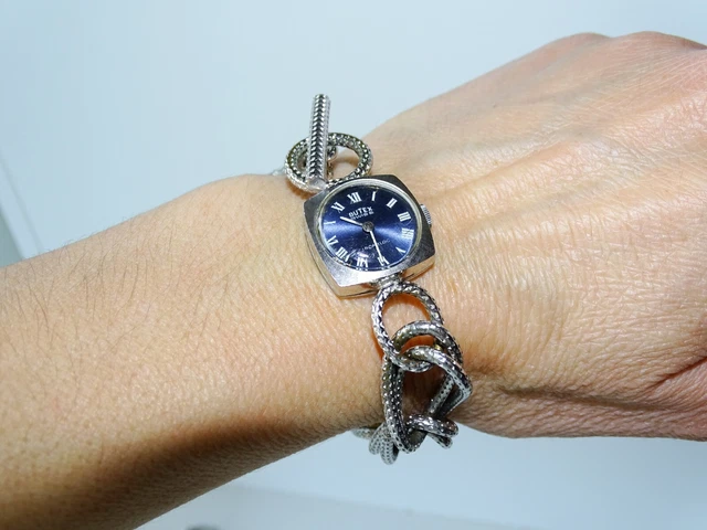 Montre Femme Mécanique Butex Vintage - Cadran Bleu, Bracelet Acier Argenté, Occasion TBE