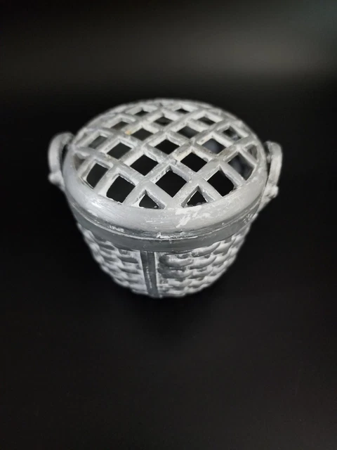 Vintage Dept 56 Cast Iron FLOWER FROG PECK BASKET Silver White Two-Piece  3"