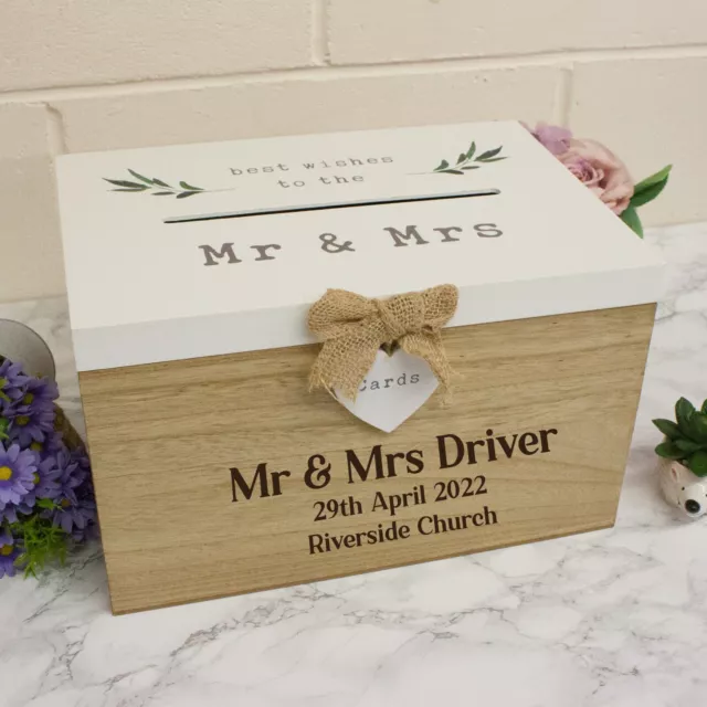 Buzón de correo personalizado para tarjeta de boda | Grabado con memoria de madera caja de regalo soporte para tarjetas 3