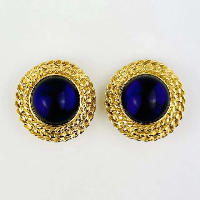 LES BERNARD 80s Royal Purple Gripoix Glass Cabochon Gold Plated Earrings VINTAGE
