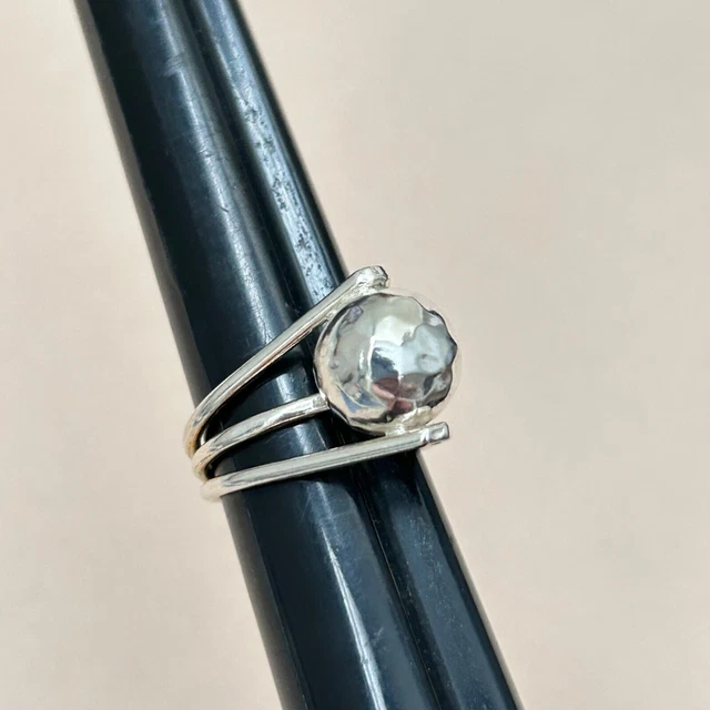 Hammered Shiny Bead Modern Design 925 Sterling Silver Taxco Mexico Ring 8.25