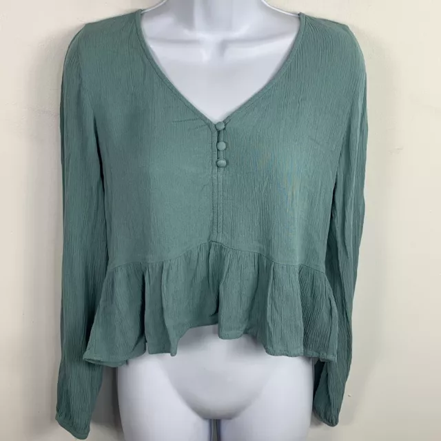 Mimi Chica Womens Top sz S Green V Neck Long Sleeve Peplum Lightweight Boho