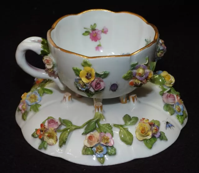 Antique 19th C Meissen Porcelain Applied 3D Flowers Cup & Saucer Crossed Swords