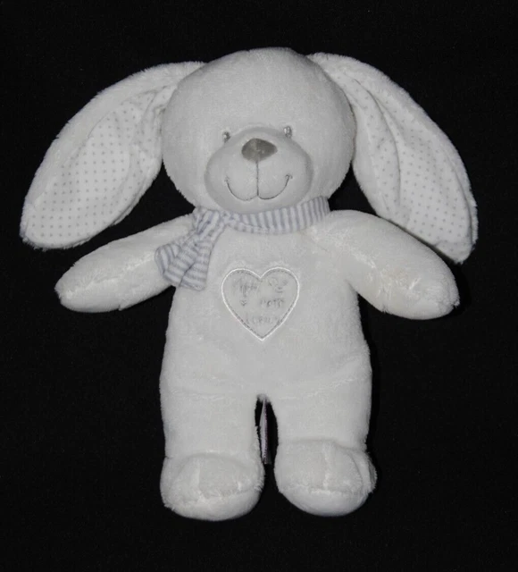 Peluche doudou lapi blanc POMMETTE écharpe rayée " Mon Petit Cœur " 26 cm NEUF