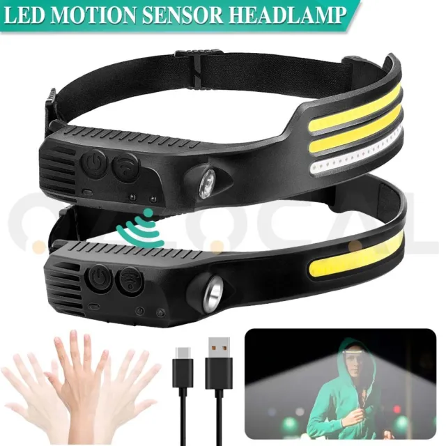 Waterproof COB LED Motion Sensor Head Torch Headlight USB Rechargeable Headlamp