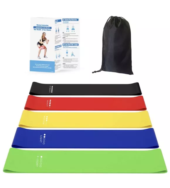 Resistance Loop Exercise Bands with Carry Bag and Instruction Guide - Set of 5