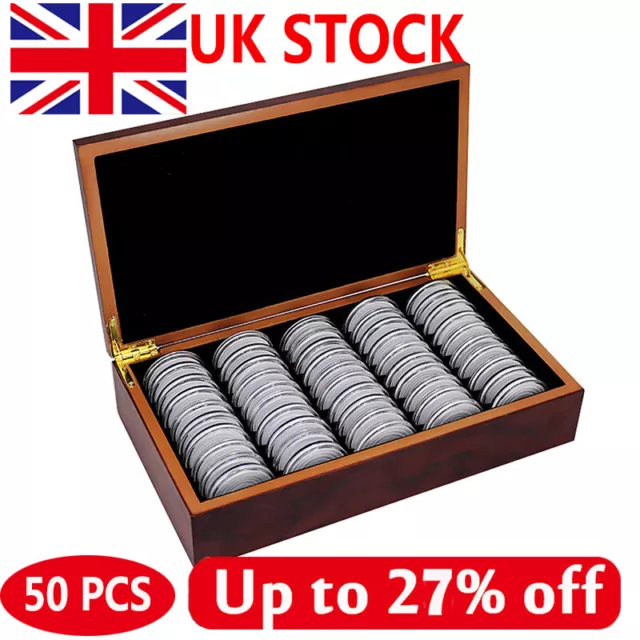 50PC 46MM Coins Capsules Storage Boxes W/ Wooden Case Holder Collection Display