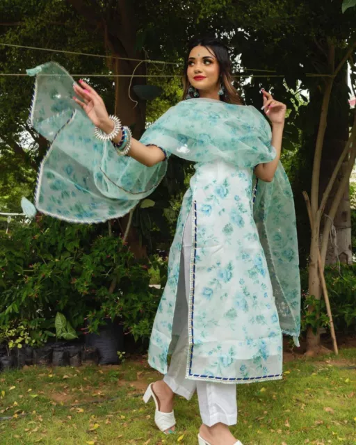 Beautiful Pakistani Green Organza Kurti Pant With Digital Printed Dupatta set