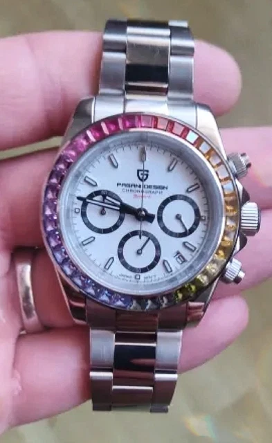 Pagani Design 1644 Orologio da polso da uomo, movimento al quarzo VK63, in acciaio inox, impermeabile fino a 100 m, quadrante Panda, cronografo, Argento Bianco, classico