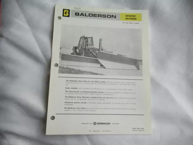 1975 Balderson Snow Wings specification sheet brochure for CAT wheel loader