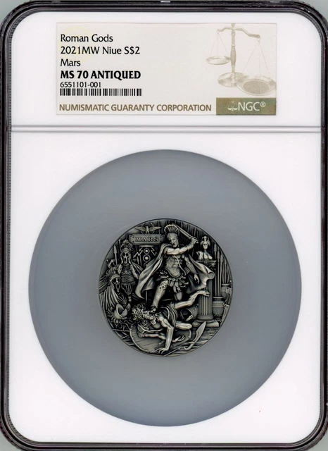 2021 Niue 2 Oz Antique Finish Silver Coin Roman Gods (Mars)  NGC MS70