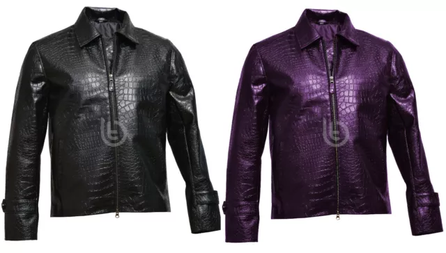 Mens Alligator Style Black Purple Biker Motorcycle Faux Synthetic Leather Jacket