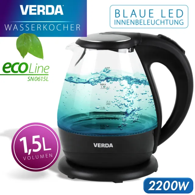 Verda Wasserkocher 1,5L 2200W Kalkfilter LED Beleuchtung Kabelloss Glas SN0615L