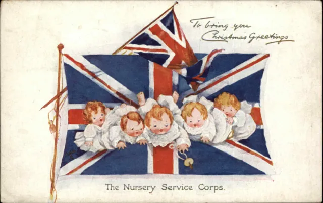 Tuck WWI Era Nursery Service Corps Babies British Flag Vintage Postcard