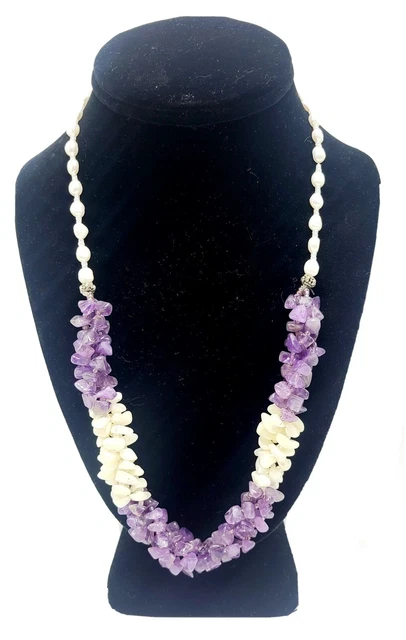 Purple Amethyst Stone Necklace Beaded With Genuine Pearl Handmade