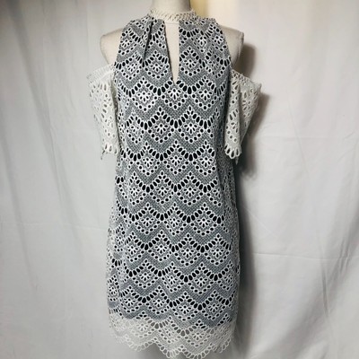 Kas New York Women Medium White Black Cold Shoulder Eyelet A. line Dress