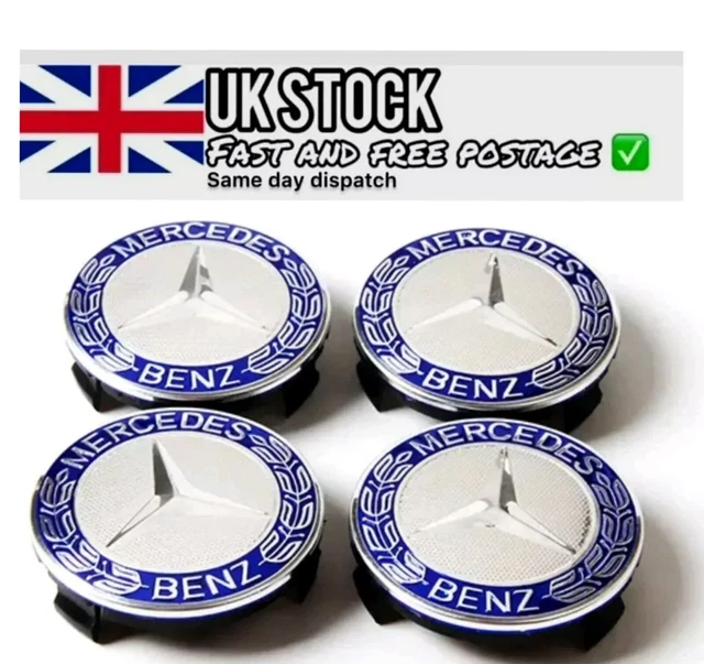 4 X BLUE Mercedes Benz 75mm Alloy Wheel Centre Caps AMG A B C E S M ...