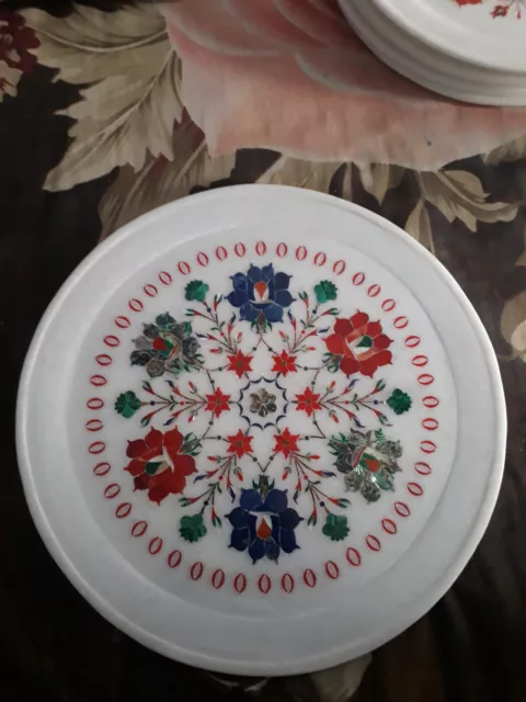 10" Antique Marble plate Round Serving makrana Inlay malachite room decor n10