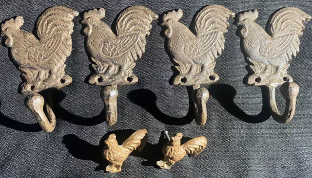 Lot Of 6 Cast Iron Metal Rooster Chicken Coat Wall Hooks & Knobs Hardware