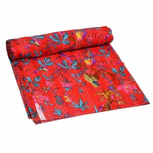 Manta de edredón Kantha hecha a mano de la India con estampado de pájaro rojo algodón colcha Gudri