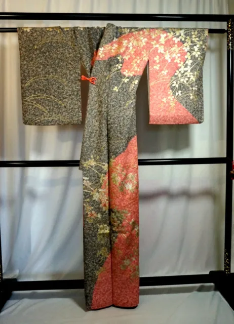 Japanese kimono  "HOMONGI" SILK, Plants,GLD/SIL leaves,SAKURA,Pink, L5'4"..3583