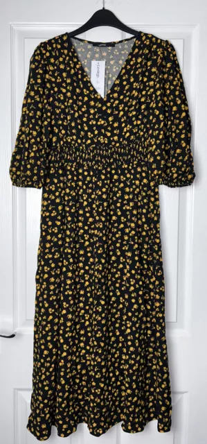 Bnwt George @ Asda Black Yellow Floral V Neck Button Shirred Midi Dress Size 8