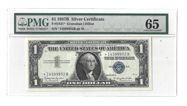 US Silver Certificate 1957B ✨ $1 REPLACEMENT NOTE Fr#1621* ✨ PMG 65 GEM UNC