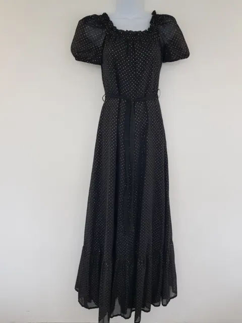 Vintage Maxi Dress Black Polka Dot Cotton Blend Party Formal Evening Long Size 8