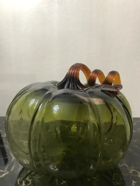 Pier One Hand Blown Crackle Art Glass Pumpkin Green And Gold With Brown Stem