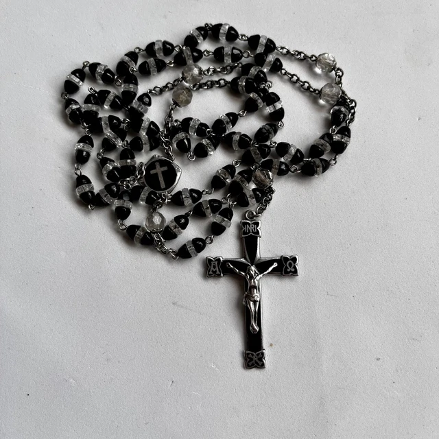 Antique VTG GUILLOCHE ENAMEL CROSS BEAD ROSARY Black Crystal C H Co. Sterling Antique VTG GUILLOCHE ENAMEL CROSS BEAD ROSARY Black Crystal C H Co. Sterling