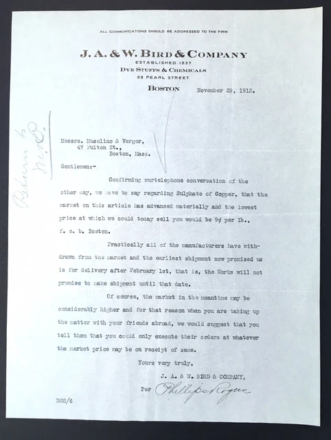 1915 JA & W BIRD & CO. PEARL ST BOSTON Letterhead Document Material Price Quote