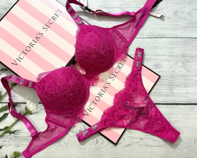 VICTORIAS SECRET VERY Sexy Lace Hearts Shine Strap Push-Up Bra Thong Set  Fuchsia $158.26 - PicClick AU