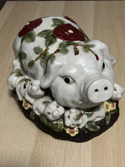 Italian Majolica Vintage Antique Mother Pig 7 Piglet Pottery 1950s Mint Ceramic