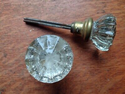 Two Antique 12-SIded Silver-Foil Glass & Brass 1920's Doorknobs Door Knobs