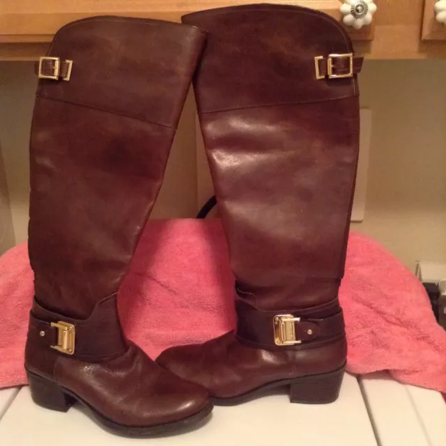 $329 Vince Camuto Basira brown leather tall boots pull-on zipper WORN TWICE sz 8