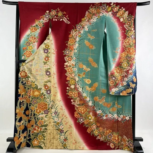 Woman Japanese Kimono Furisode Silk Butterfly Flower Gold Thread Foil Red