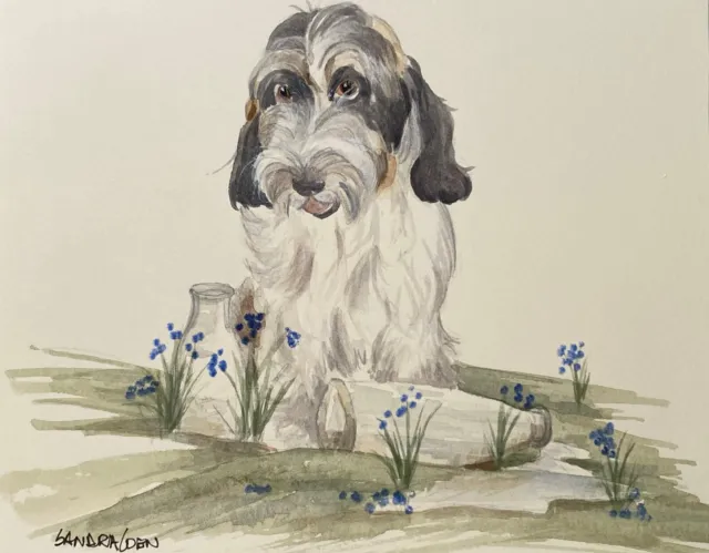 Petit Basset Griffon Vendéen Original Watercolor by Sandra Coen  in flowers