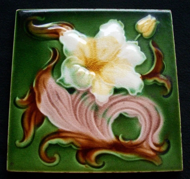 ANTIQUE ART NOUVEAU FLORAL MAJOLICA TILE 6x6 by CORN BROTHERS c1905