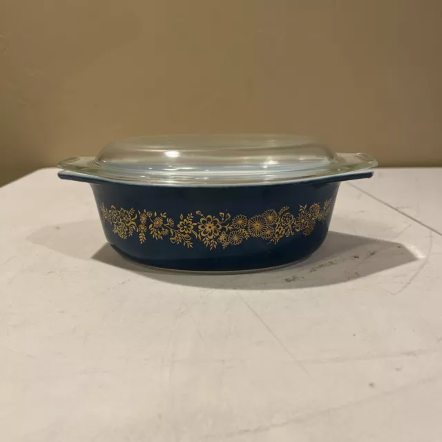 1965 Pyrex 043 Blue Golden Bouquet Vine Promotional 1 1/2 QT Casserole w/Lid MCM