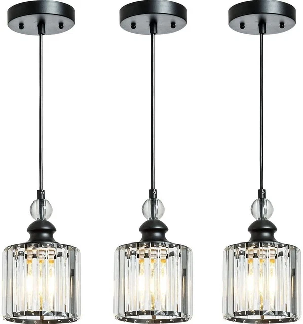 3 Packs Matte Black Crystal Pendant Lights for Kitchen Island, Industrial Adjust