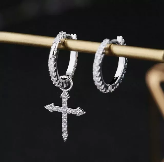 Echte 925 Sterling Silber Klapp Creolen Kreuz Strass Hochglanz