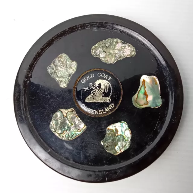 CRYSTAL CRAFT 2 vintage coasters Gold Coast Qld Australia abalone shell tourist 2