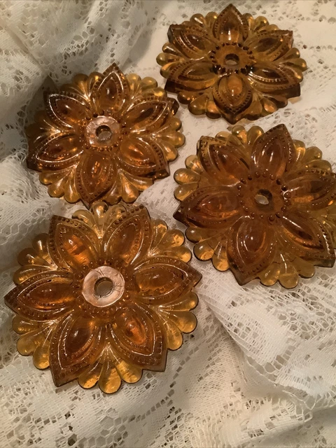 Set of 4 Antique Sandwich Glass Curtain Tie Backs Amber Color 3.5" +1 Extra Rose