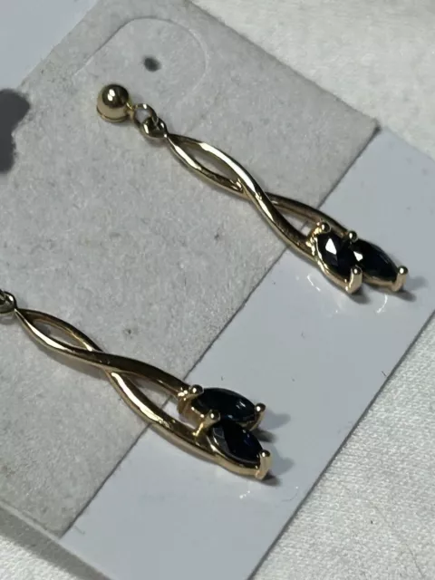VTG ESTATE SOLID 14k Yellow Gold Twisted Blue Sapphire Stud Dangle ...