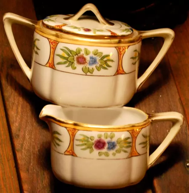 Set NORITAKE M Hand Painted SUGAR BOWL, LID, CREAMER Floral Gold ANTIQUE 1914