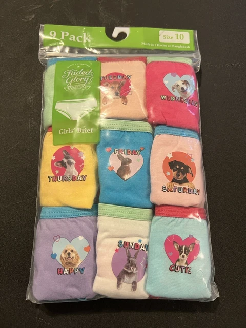 NWT SIZE 10 Faded Glory 9 pk Girls Brief Panties Underwear ASSORTED COLORS