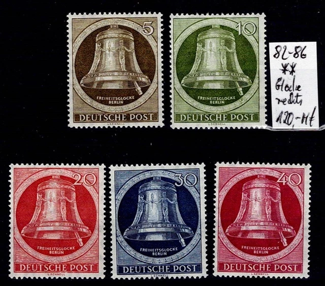 Berlin - MiNr.:  82 - 86, kpl. Satz Glocke rechts **, MNH, 120 M€